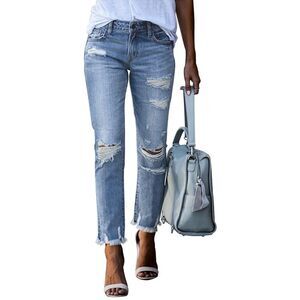 GOSOPIN Distressed Raw Hem Boyfriend Straight Leg Jeans